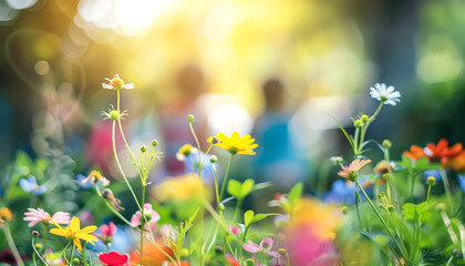 Park with a lot of flowers and a playground. The flowers are yellow and pink. The park is very green and peaceful