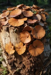 Boletus edulis cap with distinctive pores and gills on a decaying log , forest floor, mycology, decayed wood