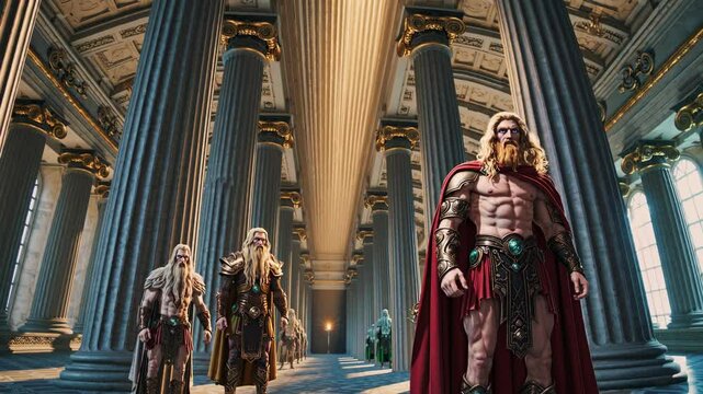 Viking king with long blond hair and beard, wearing a red cape and gold armor, enters a majestic hall with marble columns and high ceilings, followed by his entourage of warriors