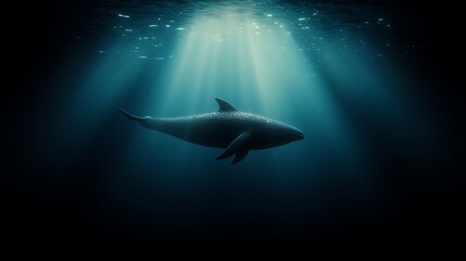 Fototapeta premium Majestic whale gliding through deep ocean waters with beams of sunlight piercing the surface