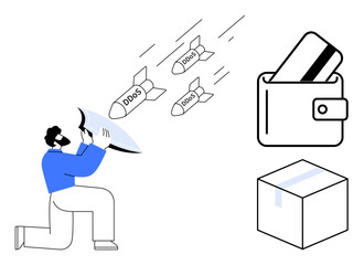 Person defends against incoming DDoS attacks with shield, positioned near credit card in wallet and sealed box. Ideal for cybersecurity, online protection, financial safety, threat awareness