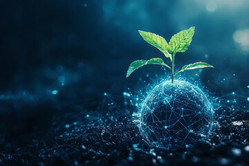 Futuristic Eco Innovation: Glowing Green Plant Representing Sustainability, Renewable Energy, and Environmental Harmony in a Digital Ecosystem