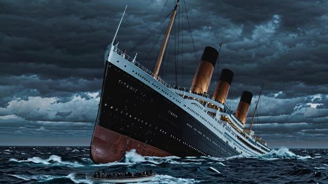 Passengers escaping on lifeboats while the titanic sinks into the dark ocean at night, surrounded by dramatic clouds and turbulent waves, capturing a moment of tragedy and history