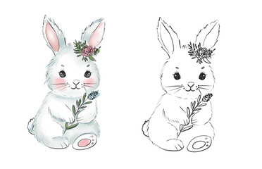 Adorable Cute baby Bunny Illustration in Black and White and Full Color