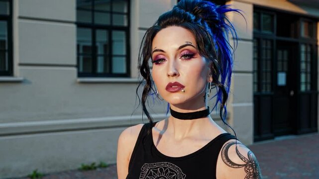 Young woman with blue hair, tattoos and piercings posing in the street, showing her alternative and expressive style with a confident attitude