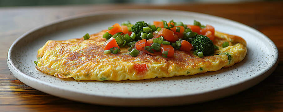 Delicious vegetable omelette with tomatoes, green onions, and broccoli on a ceramic plate