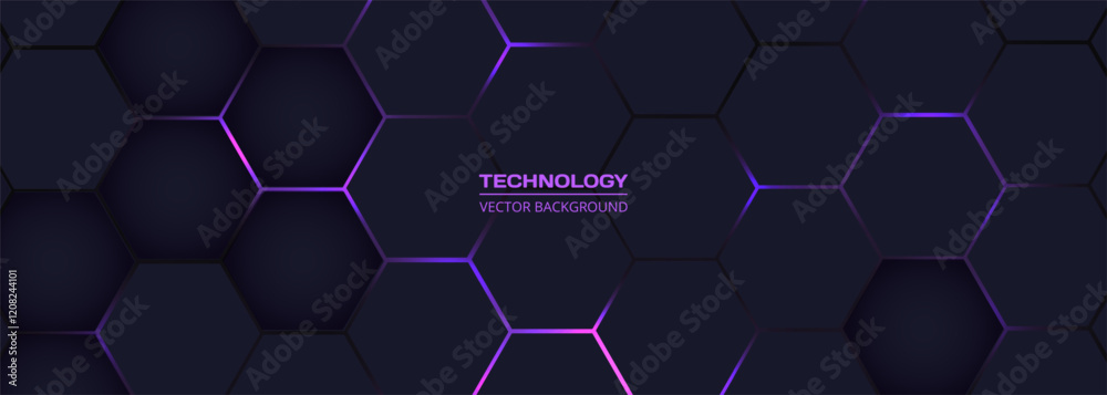 Fototapete dark purple horizontal hexagonal technology abstract vector background. purple and pink bright energ