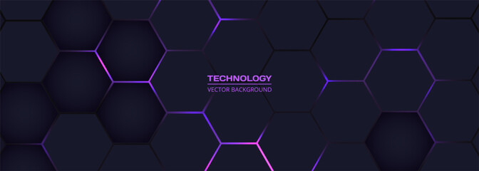 Dark purple horizontal hexagonal technology abstract vector background. Purple and pink bright energy flashes under hexagon in futuristic modern technology wide banner. Dark honeycomb texture.