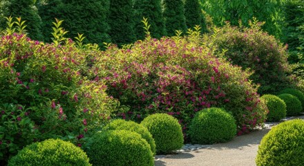 Obraz premium Lush garden with vibrant bushes, green shrubs, and neat pathway