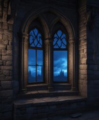 Fototapeta premium Castle windows aglow with eerie blue light on a dark and stormy night, mystical, eerie, glowing