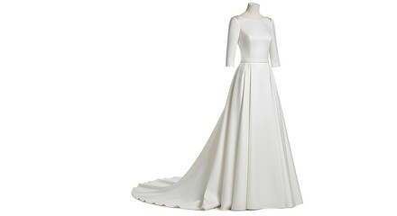 White long wedding dress isolated on transparent background. Bridal fashion and elegance clothing style, woman female person in marriage, bride beauty, full body, girl, mock up