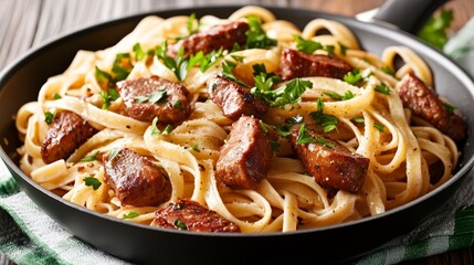 Fototapeta premium A pan of perfectly cooked Linguine noodles with succulent slices of beef and green parsley leaves. Freshly prepared Linguine noodles in a non-stick pan.