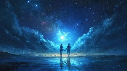 A couple is walking on a beach at night, with the stars shining above them