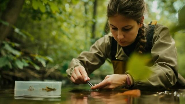 Video of a girl studying insects in the forest: Great for educational projects, environmental initiatives and nature documentaries.
