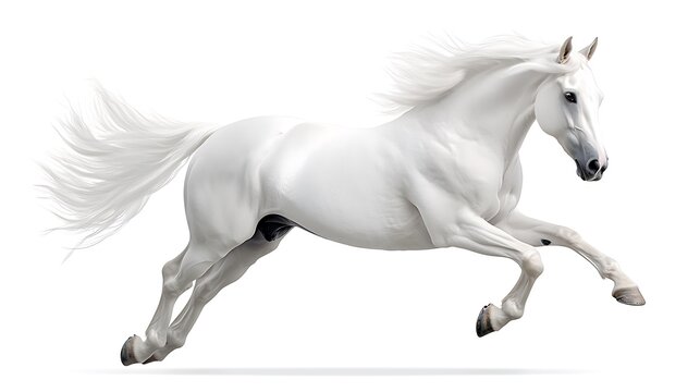 Majestic white horse galloping gracefully across a plain background, symbolizing freedom and strength
