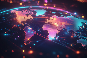 Fototapeta premium Global Network Map with Illuminated Digital Connections Highlighting International Communication, Cyber Technology, and Futuristic Data Visualization