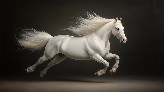 Majestic white horse galloping gracefully across a dark background, embodying freedom and elegance