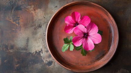 Pink geranium flowers with green leaves on a rustic terracotta plate against a textured background