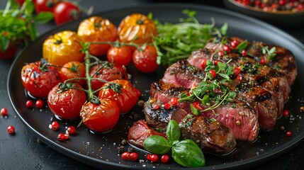 The close up of delicious meat pieces with cooked tomatoes garnished with green herbs on plate 