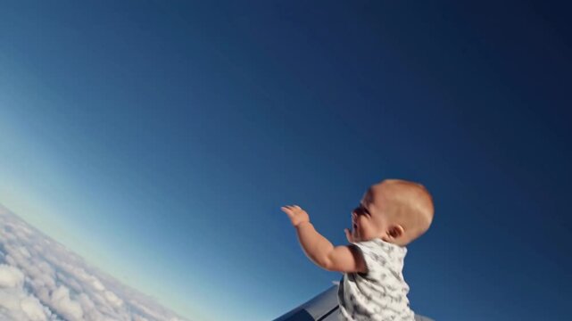 Baby is happily walking on the wing of an airplane, high above the clouds, representing a surreal and dreamlike concept of freedom, adventure, and the potential dangers of unchecked exploration