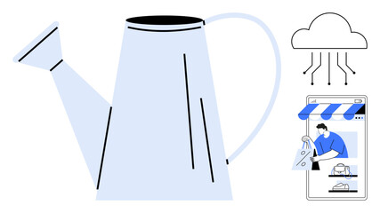 Watering can, cloud symbol with connectivity lines, and smartphone screen displaying an online shop. Ideal for e-commerce, digital growth, online marketing, cloud computing, business development