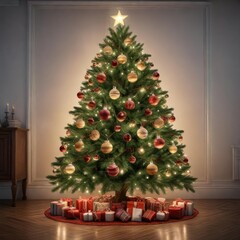 Christmas tree decorated with ornaments and lights, colorful, festive