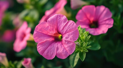 Blooming pink petunia flowers in a vibrant garden setting showcasing delicate petals and lush green foliage