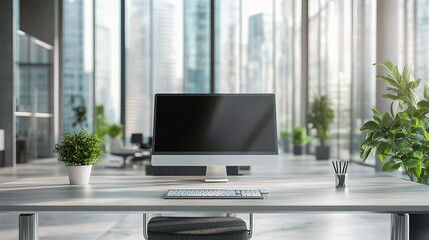 Modern Office Workspace with Blurred Background and Natural Light