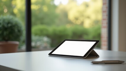 Presentation Slides Mockup, Minimalist workspace garden view desk with tablet showing slides photorealistic.