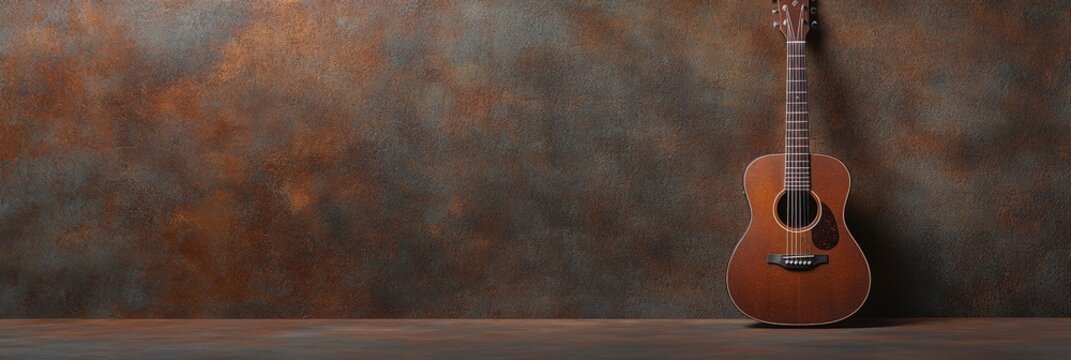 Classic acoustic guitar resting against a textured grunge wall, creating a perfect setting for music composition, songwriting, or recording sessions in a professional recording studio