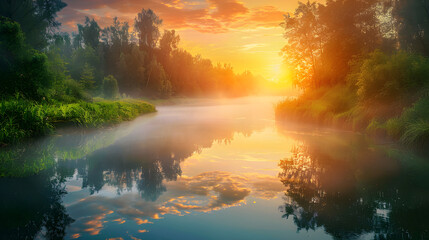 Sunrise Serenity: A Mesmerizing Landscape of Misty River against Forest Backdrop at Dawn