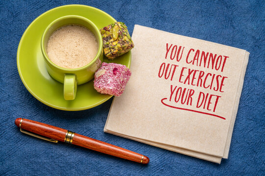 You cannot out exercise your diet - inspirational wellbeing advice on a napkin with a cup of coffee and candy