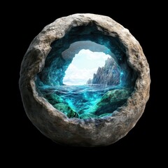 Fototapeta premium A crystal cave with ocean view and rocky landscape. transparent background