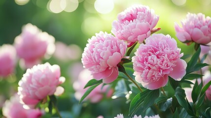 Beautiful pink peony flowers blooming in a lush garden setting with soft bokeh background creating a serene natural atmosphere.