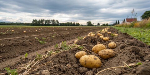Harvesting freshly dug potatoes agricultural field photography rural landscape ground level sustainable farming practices