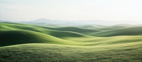 Obraz premium Tranquil rural landscape featuring lush green rolling hills under soft pastel skies with ample empty space for text or branding purposes.