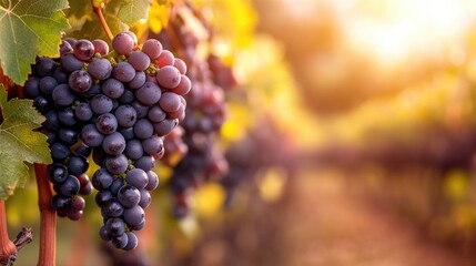 Vibrant clusters of violet pinkish grapes on vineyard vines in autumn sunlight ready for harvest and wine production