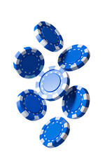 Blue casino chips suspended in mid-air on a transparent background, for design and template