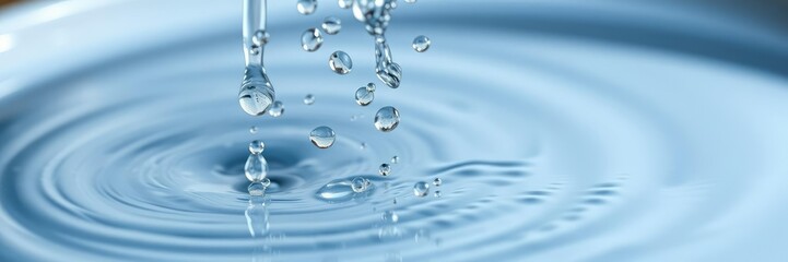 Close-up of tiny water spheres falling from a faucet into a pool of still water, wave patterns, ripples