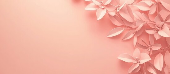 Fototapeta premium Soft peachy pink background featuring delicate floral decorations on the left side, creating an elegant layout with ample empty space for text.