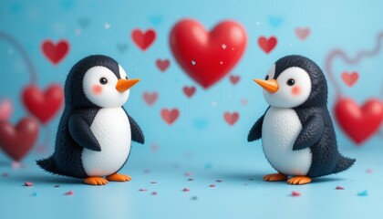 Penguins with red hearts on a bright blue background