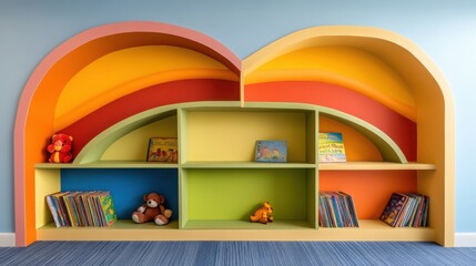 A colorful children's bookshelf with playful shapes, filled with storybooks, toys