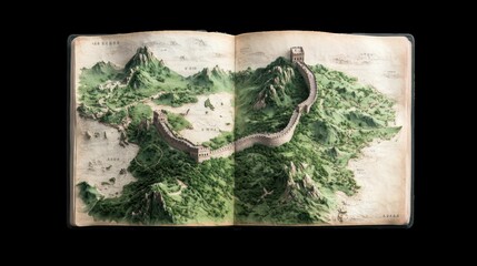A detailed illustrated map showing the Great Wall amidst lush green mountains.