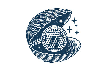 Open seashell with disco ball, vintage engraving-style vector icon, black	