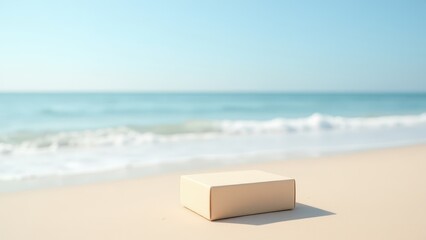 Naklejka premium Rectangular Box Mockup, Beach setting sand-colored box on sand.