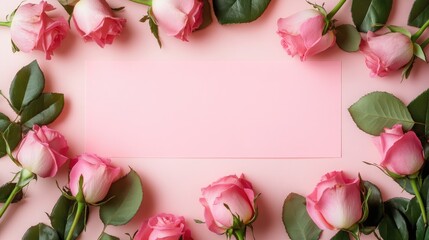 Pink roses surrounding a blank pink paper on a soft pastel background ideal for invitations or romantic messages