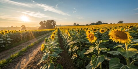 Captivating sunrise over a sunflower farm golden flowers in full bloom nature photography summer landscape aerial view farm serenity