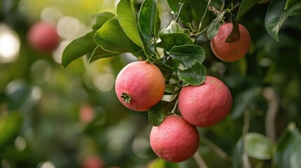 Ripe pink fruit hanging on a branch surrounded by lush green leaves in a vibrant orchard setting.