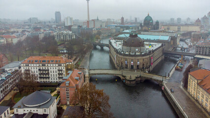 Drone point of view   on  downtown of Berlin with  Spree river and fernsehturm © Marat Lala