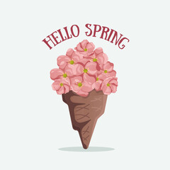  Ice cream with spring pink flowers.  Spring images and elements. Creative spring card. Hello spring. 